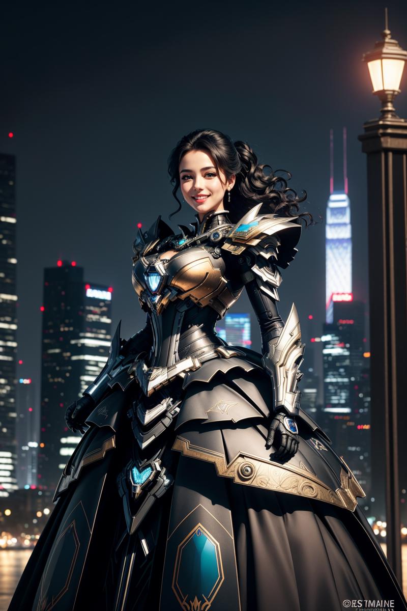 06779-3860070278-((Masterpiece, best quality,edgQuality)), _smiling,excited, edgMecha, a woman in a ballgown standing in front of a city at night.png